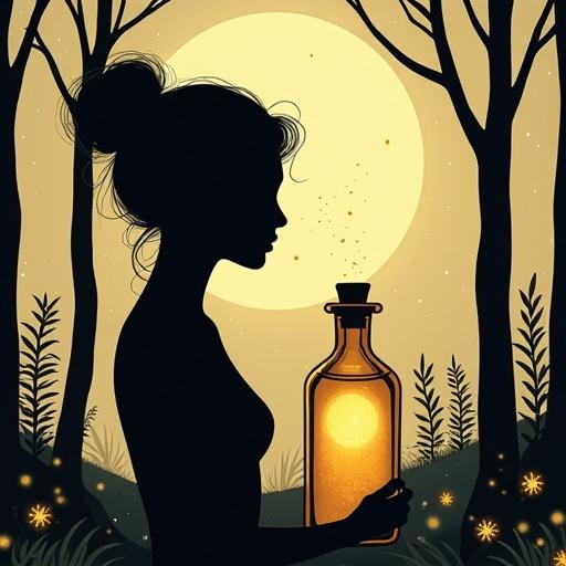 Minimalist artwork of a goddess surrounded by trees in a moonlit forest. The goddess gazes at a glowing bottle labeled 'ALFRUNO'. Use bold black outlines with a uni-beige background. Include glowing fireflies and a sprig of rosemary. The mood is mysterious and elegant.