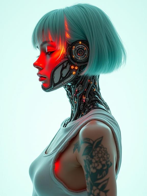 Full body portrait of a stunning android from the side with cybernetic implants and biomechanical parts. Turquoise and orange color accents enhance the design. Character has robotic eyes and casual wear with tattoos. Expression is emotionless with crimson eyeshadow. A vivid red mask extends from nose to neck. Short bob haircut frames the synthetic face. Background is a white void with holographic overlays. Soft clinical lighting highlights features and detailed anatomy.