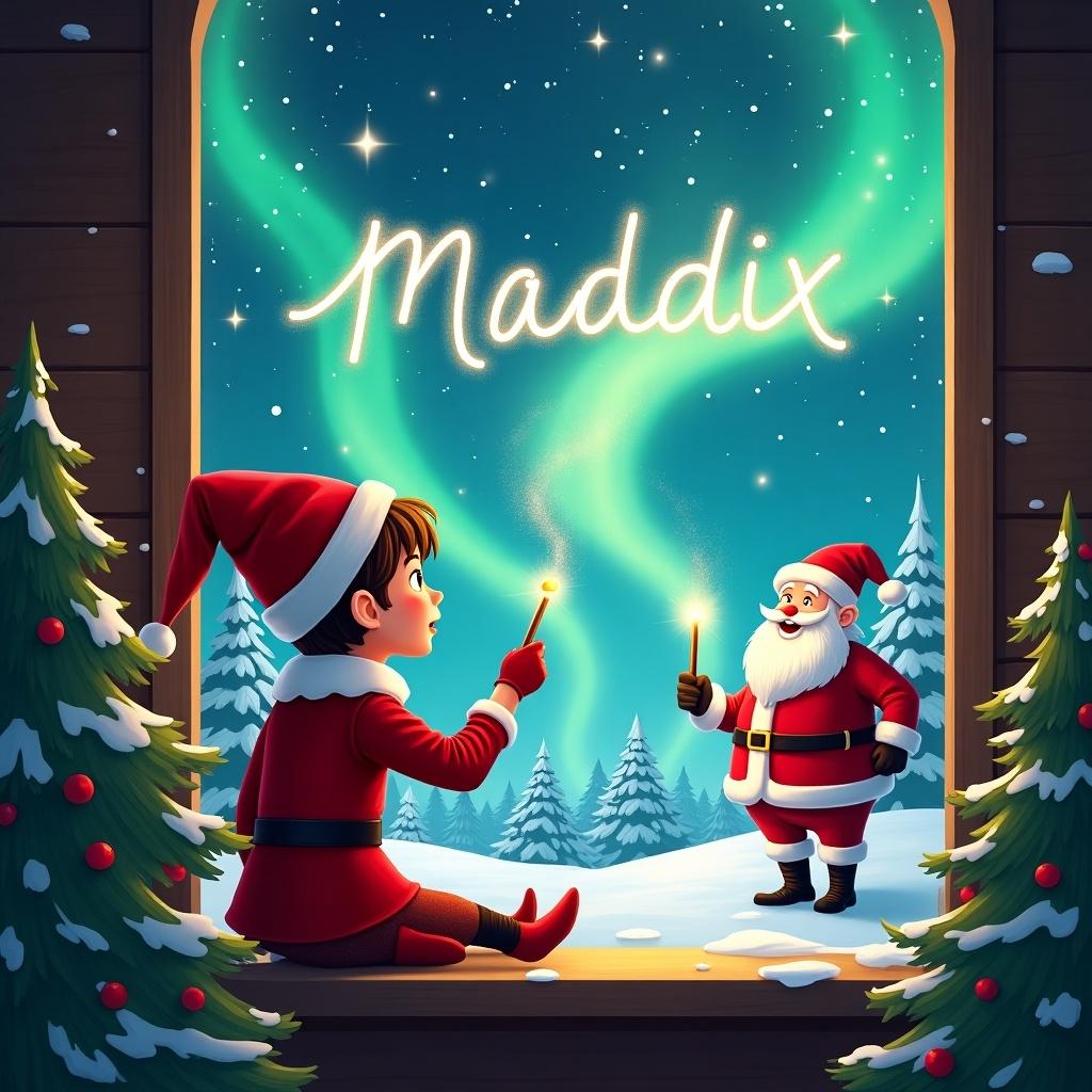 The image depicts an enchanting Christmas scene with a festive atmosphere. There is an elf on the shelf seated by a window, looking out at the magical sky. The elf, wearing a classic red costume, holds a magic wand and writes 'Maddix' in the air. Santa Claus is seen in the background, also using a wand to create magic. The scene is further enhanced by beautiful tall Christmas trees covered in ornaments and glistening snow outside. Overall, it's a whimsical illustration that captures the spirit of Christmas and holiday joy.