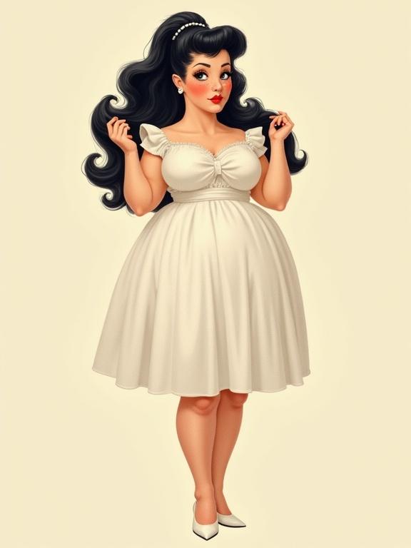 Illustration of a vintage pin-up woman. She has a black ponytail, freckles, and pale skin. She stands with a pouting expression. She wears a white dress and white heels. Her hands play with her hair. The style is reminiscent of Alphonse Mucha.