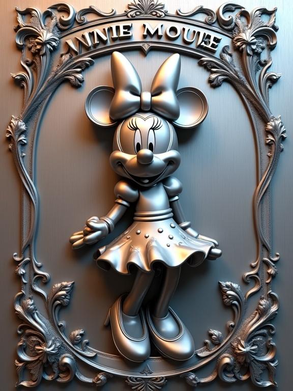 A photorealistic digital rendering of a steel relief plaque showing Minnie Mouse in a graceful stance. Her polka-dot dress has soft metallic folds. The bow features delicate ridges. The brushed steel background has engravings of hearts and lace. The plaque's top displays 'MINNIE MOUSE' in cursive letters with ornate steel borders. Soft light highlights the plaque's beauty.
