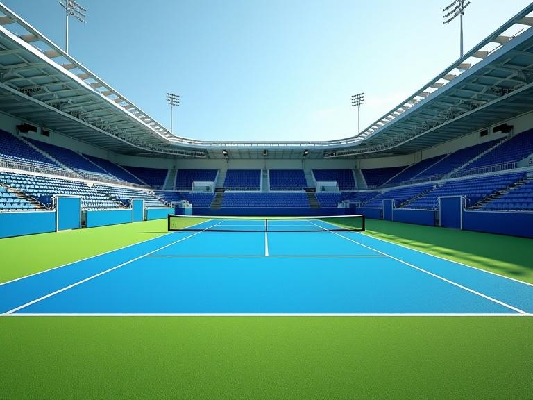Wide-angle view of a 3D tennis stadium. Stadium is empty. Blue hard court visible. Black net placed on the court. White lines marking the court. Green grass surrounding the area. Designed for fifteen thousand spectators. Modern architecture with bright seating.