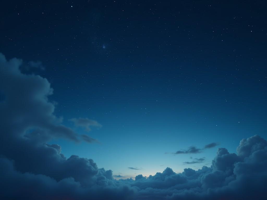 The image displays a serene night sky filled with stars and soft clouds. The deep blue background gradually lightens to a soft blue near the horizon. Wisps of white and gray clouds add texture to the scene. A tranquil ambiance is created by the subtle glow on the horizon. This image captures the beauty of the night sky, evoking a sense of peace and calmness.