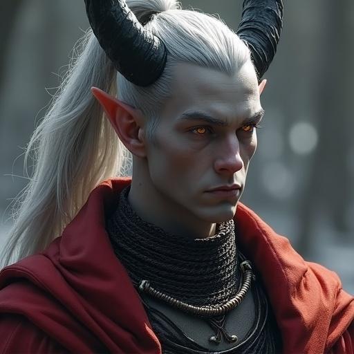 A tall male tiefling with ash-gray skin and amber eyes stands in the foreground. Silver hair tied back in a high ponytail. Black horns protrude from the head. Wears a chainmail shirt under an ash-red cloak. Textured surfaces emphasize the details. Strong shadows create a dramatic atmosphere. A stylized yet gritty illustration for an animated film with high detail and expressive qualities. The artwork features bold outlines and a matte skin texture.