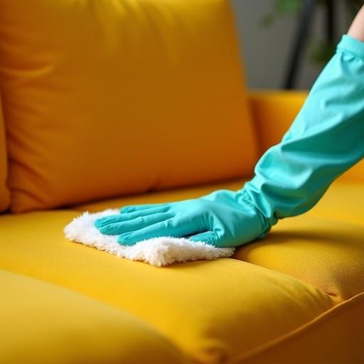Close-up view of a cleaner's hand wearing turquoise gloves cleaning a yellow sofa with a cloth. Bright and clean atmosphere