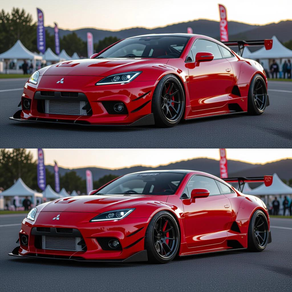 Realistic 4k image of a modified Mitsubishi Eclipse with a body kit at a JDM festival capturing Studio Ghibli aesthetics.