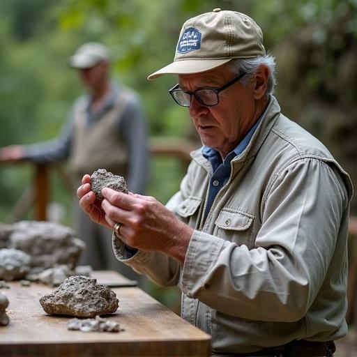 An elderly geologist examines a rock sample closely. A wooden table displays several rock specimens. Natural setting in the background with blurred figures indicating colleagues or peers. Focus on the geologist's hand holding the rock sample.