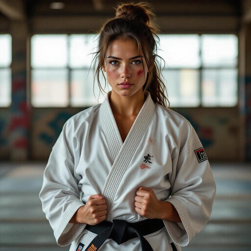 Athletic woman in a worn out karate gi. Dirty smudges on her face. Full body image capturing strength and determination.