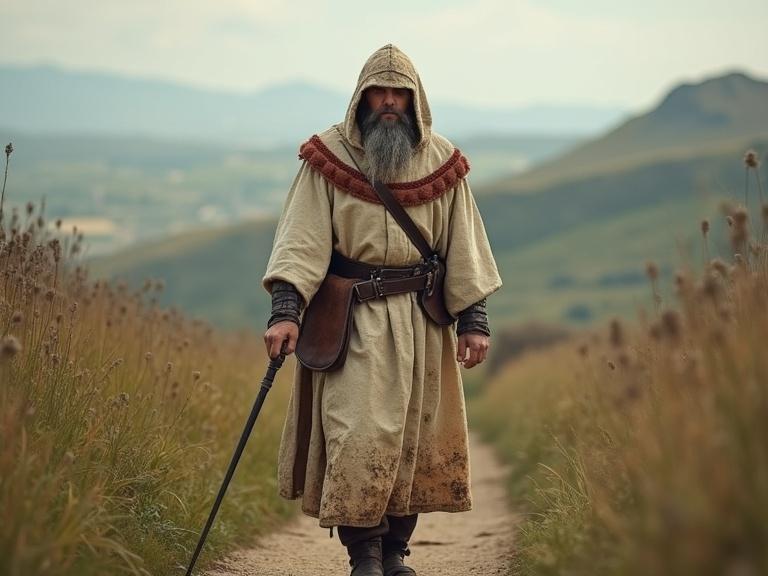 Front view of a medieval pilgrim on the Camino de Santiago with travel clothing. A long staff held in hand and a large white seashell hanging from the neck.