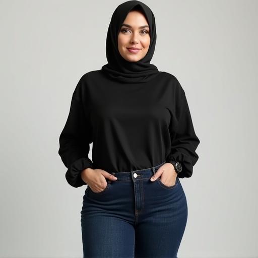 Full body image of a hijabi woman dressed in a tight black linen top and dark blue slim jeans. Emphasize natural body proportions with wide hips and fuller thighs. Highlight realistic beauty standards with visible cellulite.