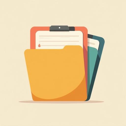 Minimalist vector illustration of a folder and documents. Clean lines represented in solid colors. Isolated against a neutral background. Modern and simplistic style without text or outlines.