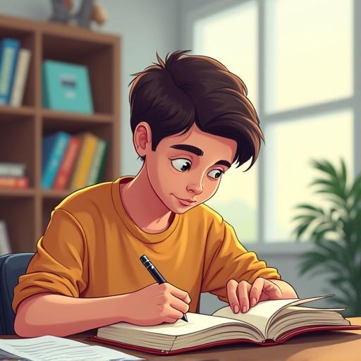 Cartoon of a teenager studiously writing in a book. The teenager appears focused while checking materials. Cozy study space with a window and bookshelf in the background. Enthusiastic engagement in learning is depicted.