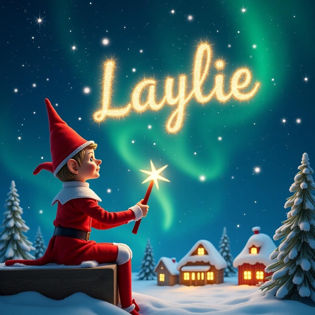 An elf sits on a wooden ledge looking at the sky. The elf wears a vibrant red outfit and pointed hat. The elf holds a glowing wand. The wand writes the name 'Laylie' in sparkling letters. A snowy landscape with quaint houses is below. Evergreen trees are there too. The scene is illuminated by Northern Lights. The atmosphere is magical and festive.