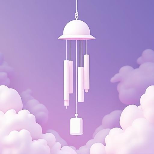 Generate a favicon featuring a lofi Windchime. Keep it clean minimal and easy on the eyes. Use white color on purple cloudy sky background. It should be extremely dynamic with the windchime floating in the wind. Convey the action effectively.
