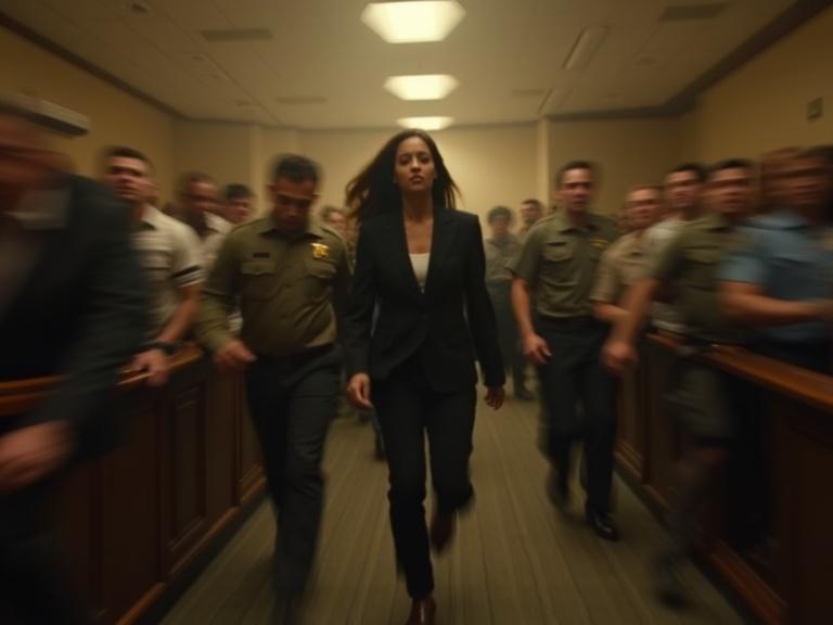 Cinematic wide shot depicting courtroom chaos after shooting. Heavy motion blur. Blurred figures run. Chairs overturned. Flickering chaotic lights. Female lawyer in Act 3 suit with gun. Accused in prison uniform slightly clearer among the chaos. Framing creates a subjective sense of panic. Photorealistic yet stylized.