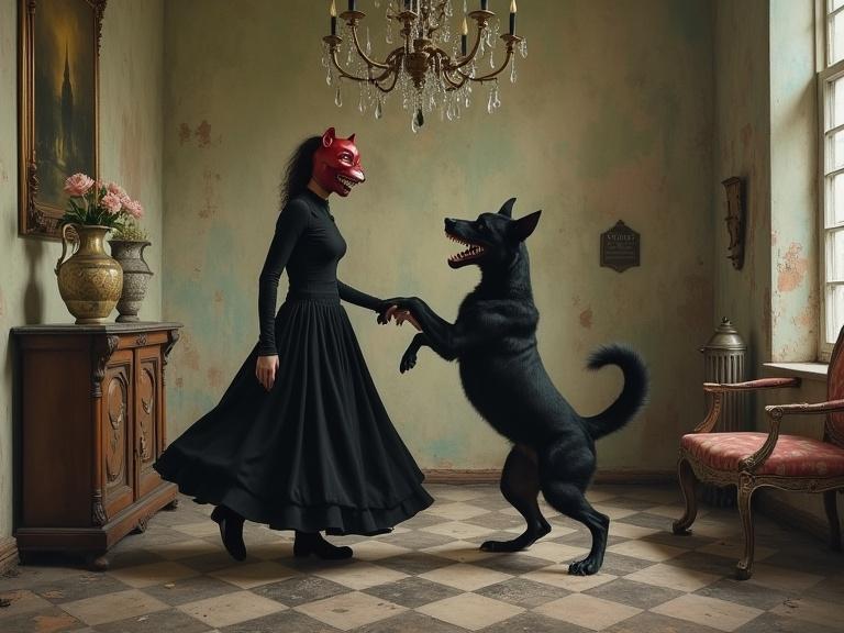 Surreal and gothic painting featuring a masked woman dancing with a black dog in a decaying elegant interior. The woman wears a red dog-faced mask and a dark dress. The dog stands upright with a smiling, toothy grin. The setting includes a checkered floor, textured walls, old furniture, a chandelier, lanterns, a painting, a vase, and an ornate chair. Use muted earthy colors and soft diffused lighting to create an unsettling atmosphere.