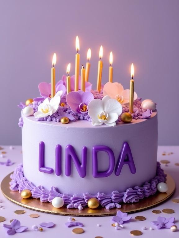 A birthday cake designed for a lady named Linda. The cake is lavender with bold purple letters spelling 'LINDA'. The top is decorated with gold candles and white orchids. Gold and white candies surround the cake. Playful lavender confetti is scattered on the table. The scene captures joy and excitement for a woman's birthday celebration.