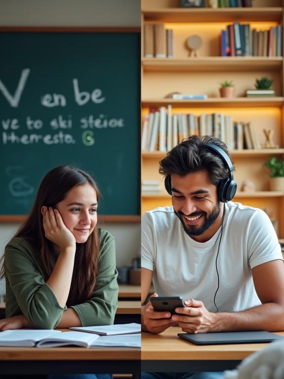 A side-by-side comparison image of a student in a traditional classroom with old textbooks and a blackboard showing ‘verb to be’ on the left. On the right, a young adult learning English on a smartphone or tablet, appearing relaxed and happy. Include contrasting colors and text overlay celebrating modern learning.