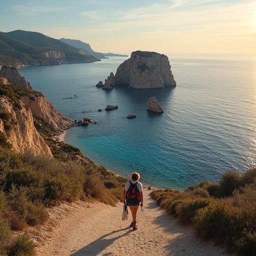 A scenic view of cliffs by the sea on Mallorca. Pathway leading towards coastline and water. Warm glow from sunlight. No people in scene.