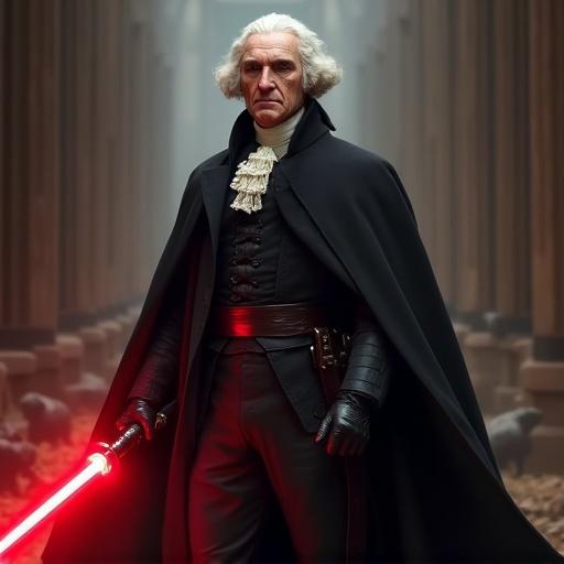 Depiction of George Washington reimagined as a Sith Lord. Dark attire, dramatic cape, red lightsaber. Background with classical architecture and atmosphere of power.