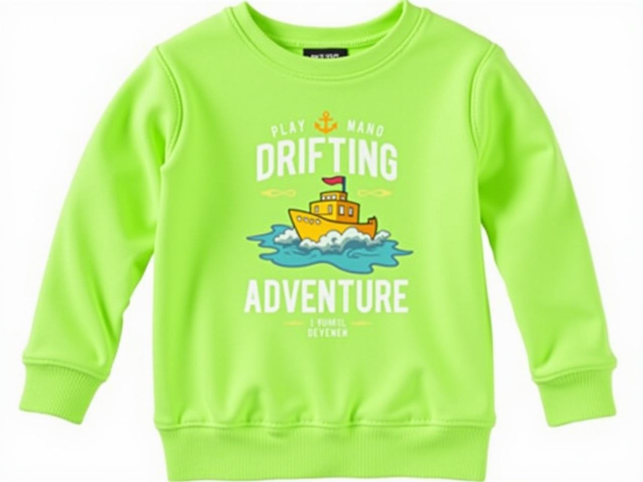 This image features a bright green sweatshirt. The front of the sweatshirt has a graphic design showing a yellow boat. The boat is depicted in a cartoonish style, making it look adventurous. Above the boat, the words "DRIFTING INTO ADVENTURE" are printed in bold white letters. The sweatshirt appears cozy and suitable for casual wear. The design emphasizes a nautical theme that may appeal to those who love the ocean or adventure.