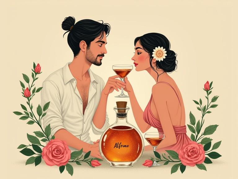A minimalist screen printing artwork set in a lush orchard. A fetching man offers a toast with a cocktail glass to his female partner. She wears a flower behind her ear and an open silky blouse. A shimmering apothecary bottle rests nearby with a cork lid. Two identical cocktail glasses flank the bottle. Surrounded by roses and herbs against a beige background. The composition shows fantasy and nostalgia with a vibrant connection to nature. Clean and bold strokes reflect minimalist style.