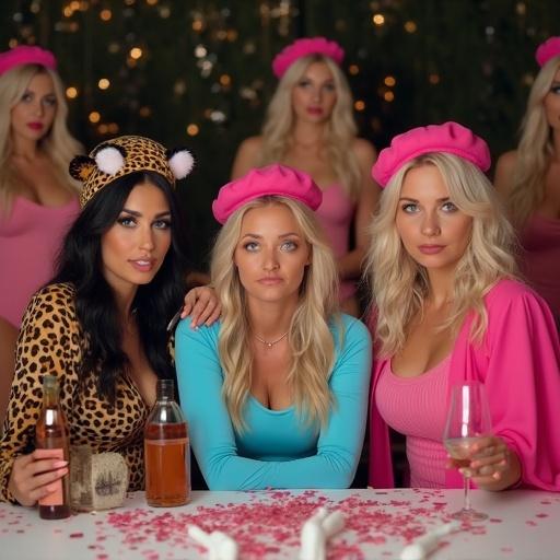 Group of women celebrating at a party. Women wearing stylish costumes. Some holding bottles of wine and whiskey. Feminine colors dominate the scene. Confetti on the table adds to the joyful ambiance. Women engage with the viewer. Beautiful layout with exciting expressions.