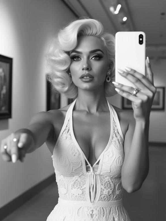 A glamorous woman styled like a vintage Hollywood icon stands confidently in a modern art gallery. She wears a classic white halter lace dress with noticeable cleavage. The image is captured in high-contrast black and white. She is taking a selfie with a smartphone, merging retro glamour with contemporary culture.