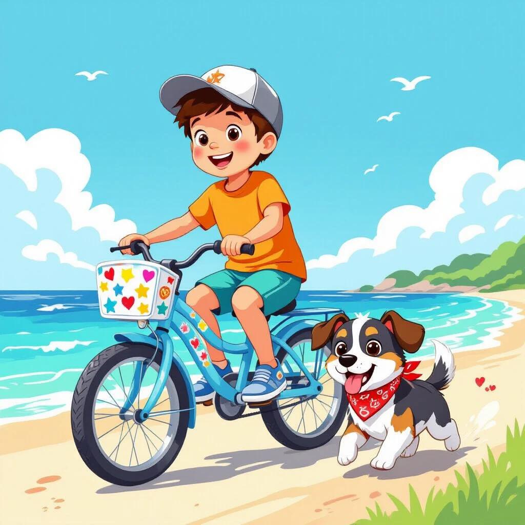 Cheerful children's illustration of a small boy riding a blue bicycle decorated with colorful stickers on a beach. The boy wears an orange T-shirt, teal-green shorts, and a gray cap. He is smiling and looking forward. A small dog with white, black, and brown fur runs beside him, wearing a red bandana. The background features a calm blue sea and clear sky. The illustration has a colored pencil texture style with soft lines and a warm atmosphere.