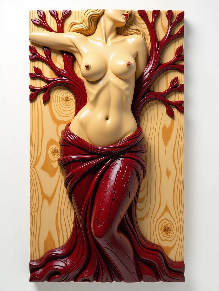 Detailed carving of a nude woman with tree branches. Sculpture shows rough wood grain. The design gives a feeling of a living spirit. The colors are burgundy and natural wood tone.