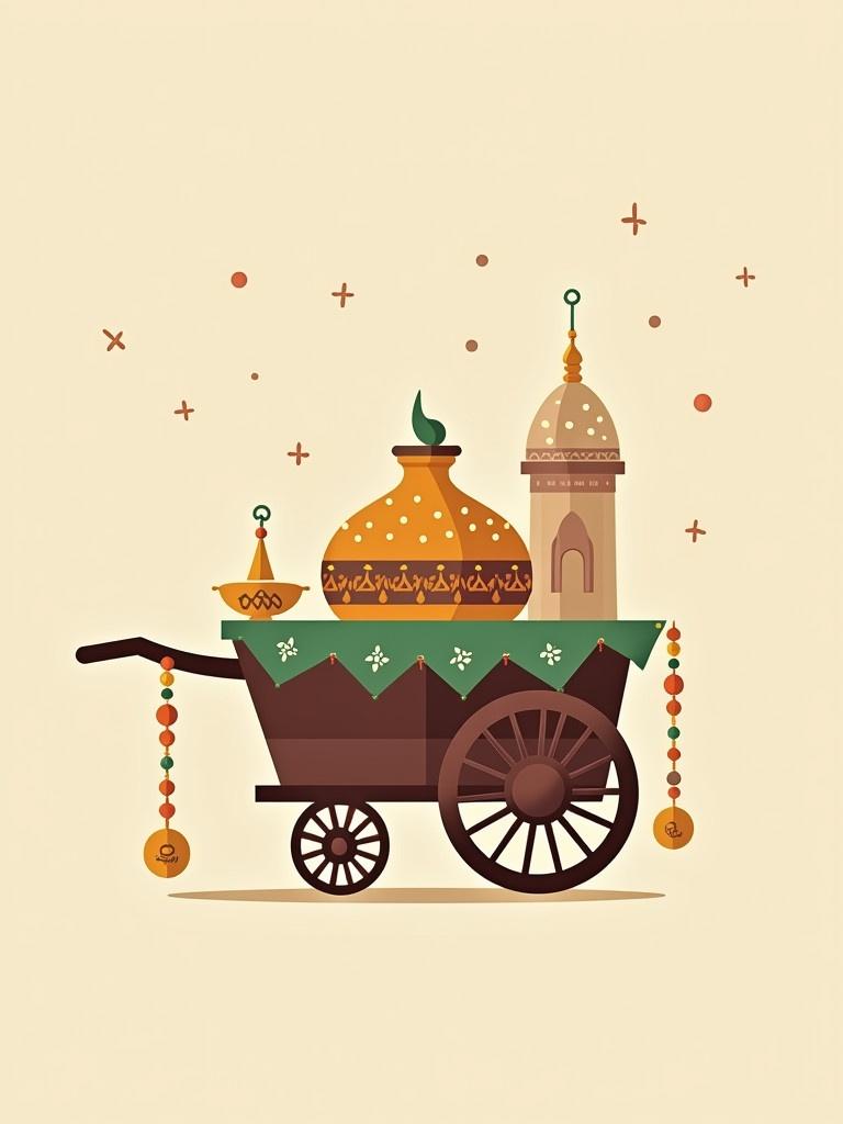 Illustration showing a traditional cart decorated for Ramadan. The cart features a prominent fava bean pot and includes festive decorations. Simple and bold art style with clean lines and a warm color palette.