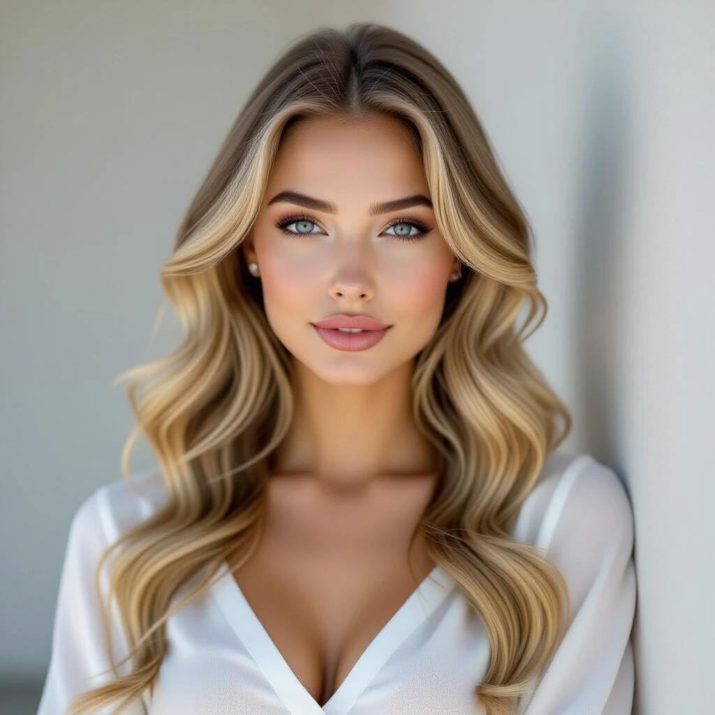 A woman with long pearl-blonde hair in waves wears a white shirt. She displays natural beauty with light blue eyes and Russian features. The image captures her upper body in an award-winning style.