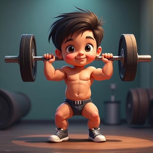 Full body cartoon of a muscular 5-year-old boy with dark hair lifting a barbell in a gym setting. The boy is in a strong pose, showcasing his muscles while doing exercises. Bright gym environment in the background.