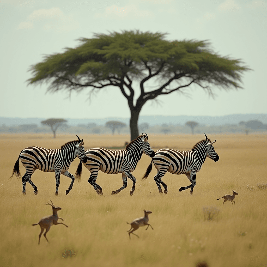 Three zebras and two gazelles roam the golden grasslands beneath an acacia tree in the African savanna.