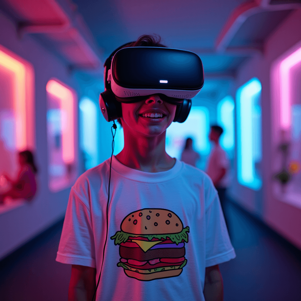 A young person is engaged in a virtual reality (VR) experience, smiling broadly while wearing a VR headset and headphones. The individual is dressed in a white t-shirt adorned with a colorful cartoon burger design. The setting features a futuristic ambiance with neon lights casting vibrant blue and pink hues throughout. The background shows blurred figures, suggesting a social or interactive environment where others might also be experiencing VR. The overall atmosphere is lively and immersive, highlighting the excitement of modern technology.