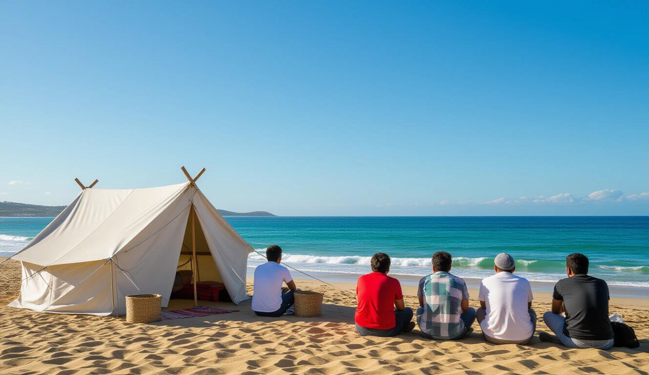 A beach scene with five people sitting on the sand. They are looking at the calm ocean. A large tent is set up nearby. The sky is clear and sunny.