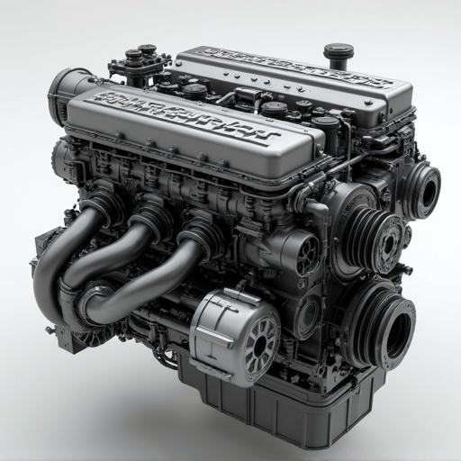 A real engine designed as a 3D model. The engine features multiple pipes and components. It highlights intricate details and realistic textures.