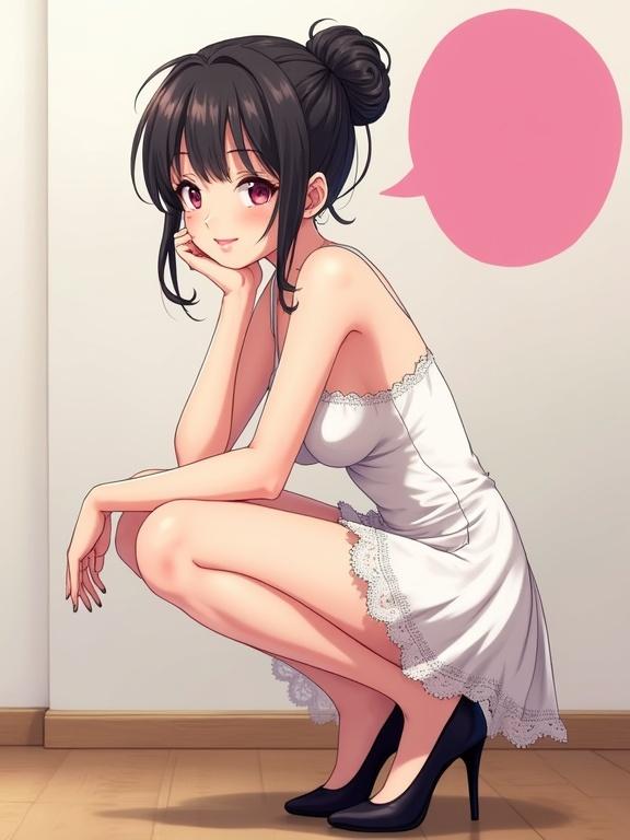 An alluring young woman in a short frilly white dress poses indoors in a confident squat. She wears elegant black heels and has dark hair styled in a tidy bun with soft curls framing her face. One hand rests under her chin as she gazes playfully forward. The background shows a simple white wall and warm wooden floor. Overlay large pink bubble text with an inviting message. Illustration is in digital anime style with soft pastel tones and gentle lighting.