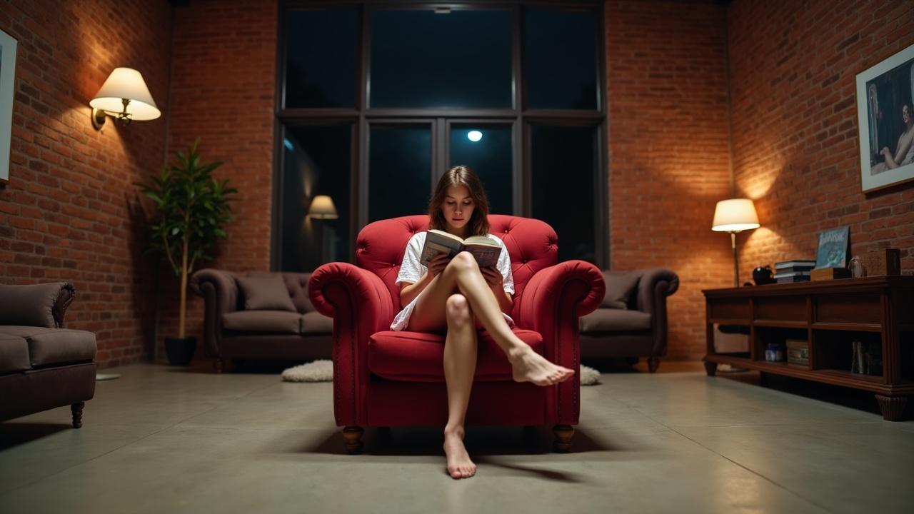 The image depicts a serene indoor scene with a woman engrossed in a book while sitting on a plush red armchair. The ambiance is cozy, enhanced by the warm glow of floor lamps and wall lights against rustic brick walls. The large window and minimalist furniture add a modern touch, creating a perfect balance of comfort and style.