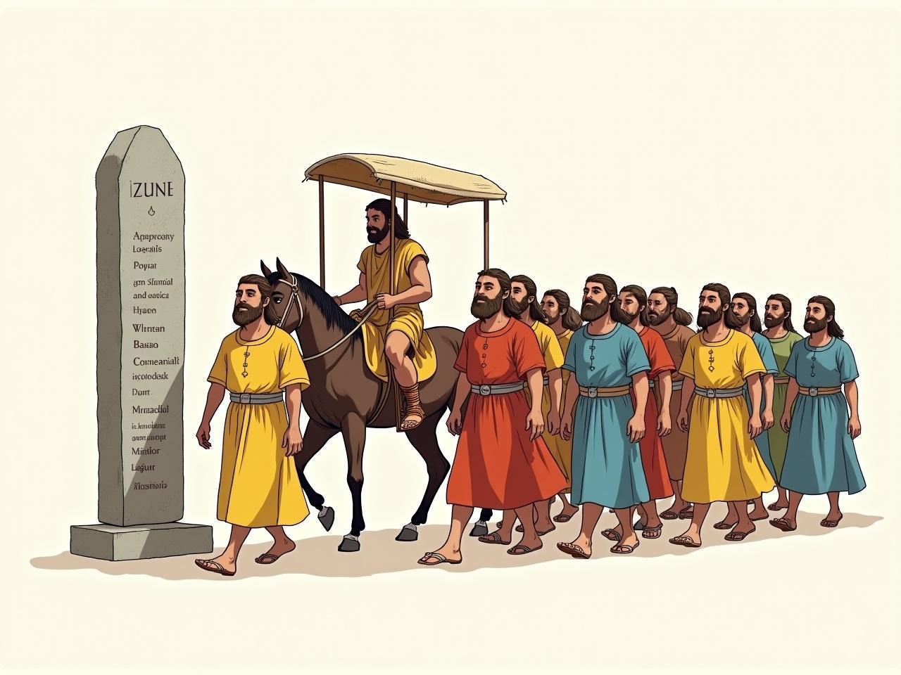 This illustration depicts a procession from ancient times. A group of individuals is walking in formation, showcasing traditional attire in various colors like yellow, red, and blue. In the center, a figure on horseback is sheltered by a canopy held above. A stone tablet with inscriptions stands prominently to the side, indicating its significance. The people in the procession display a range of expressions, from reverence to attentiveness. The background is neutral, allowing the focal point of the colorful characters and the stone tablet to stand out.