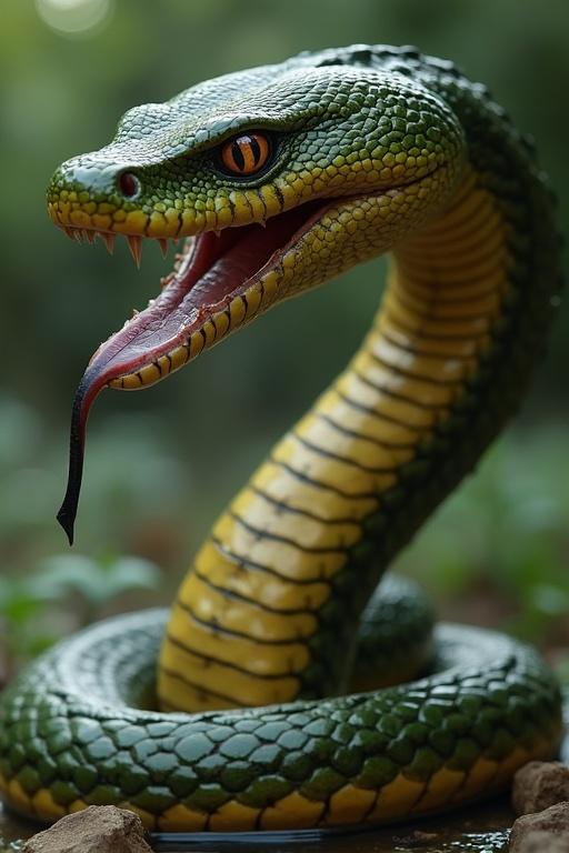 Generate a detailed image of a Yacumama depicting an anaconda. The snake should have vibrant green scales with yellow underbelly and a fierce look with its tongue flicking out.