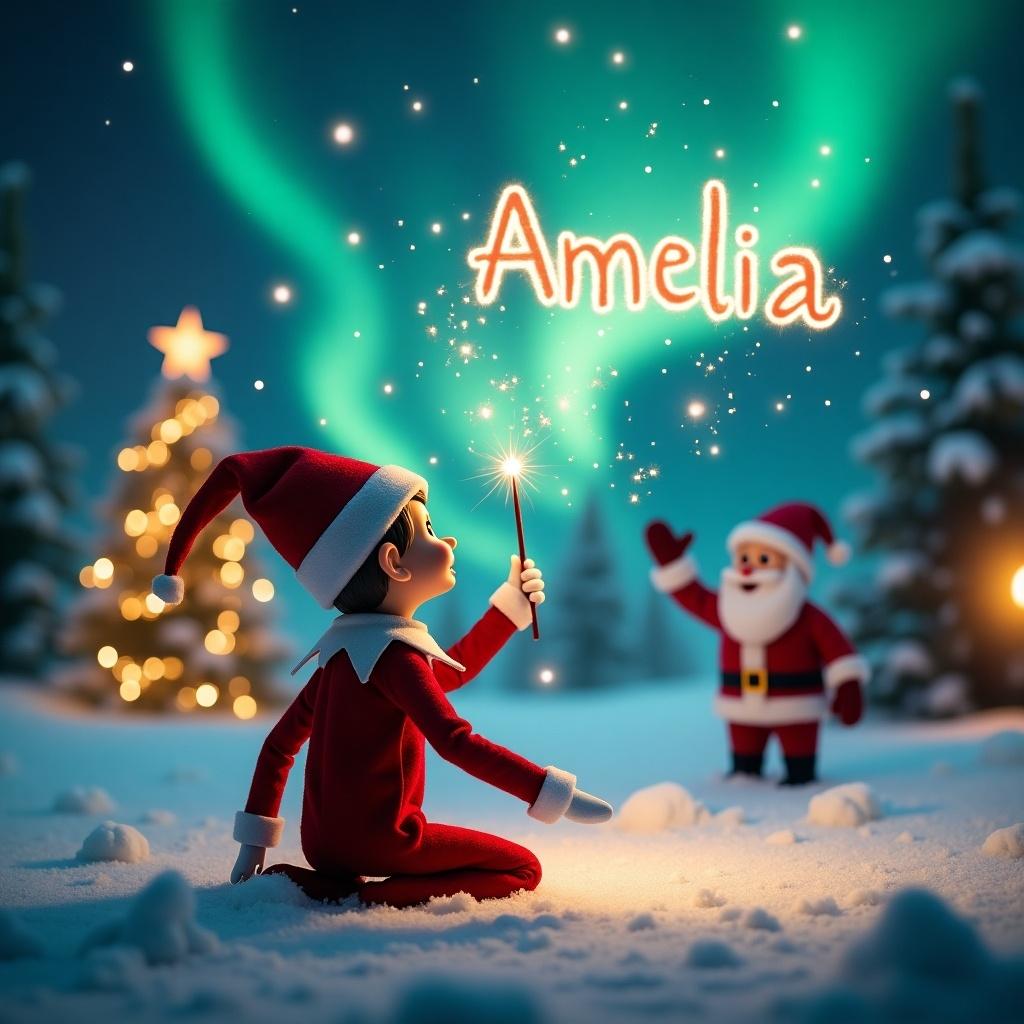 Image features cheerful elf writing in snow with a wand. Elf wears festive red outfit. Elf gazes at northern lights. Creates sparkling name 'Amelia' in air. Lively Christmas scene with decorated tree and playful Santa. Atmosphere filled with joy and holiday spirit.