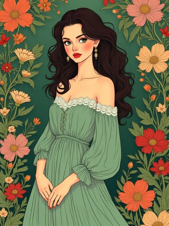 An illustration styled after Alphonse Mucha and other artists. A captivating woman stands among vibrant flowers. She wears a flowing seaweed green dress with lace details. Background consists of stylized flowers and vines. Art evokes romance and beauty.