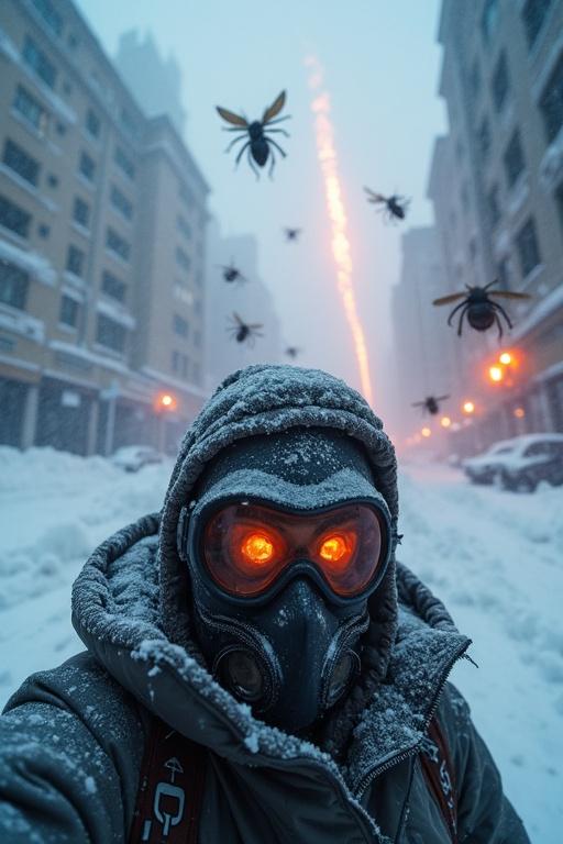 A person in an ice-encrusted gas mask looks up at enormous insects swarming in a snow-filled sky above an Argentinian city. Glowing objects fall, illuminating the snow-covered streets. Fear and revulsion are palpable amidst the cold.