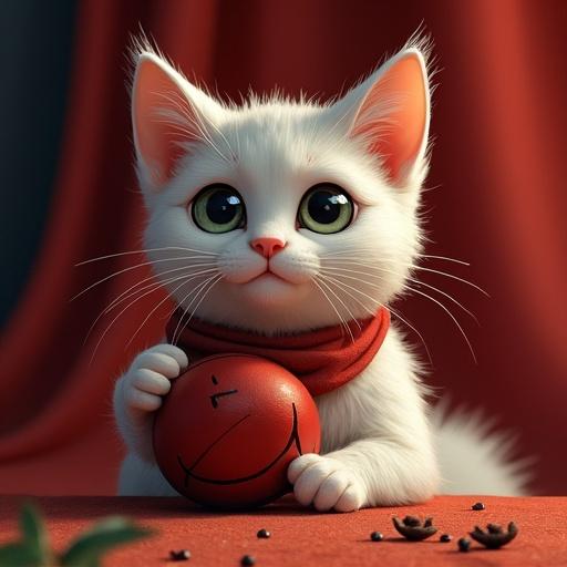A white kitten with big eyes playing with a red ball. The kitten is sitting on a table with a colorful background. Soft lighting enhances the cute features of the cat.