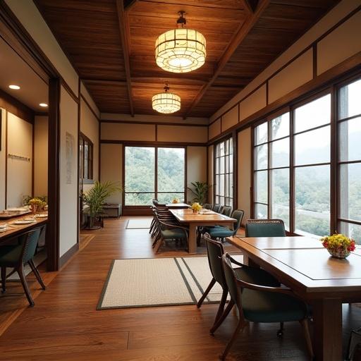 Interior of a Japanese dining room with large windows. Scenic mountain view visible through windows. Warm wood tones and natural lighting. Cozy and inviting space for dining or gatherings.