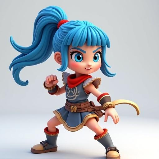 Stylized 3D character of a young girl with blue hair in a warrior outfit striking a fighting pose