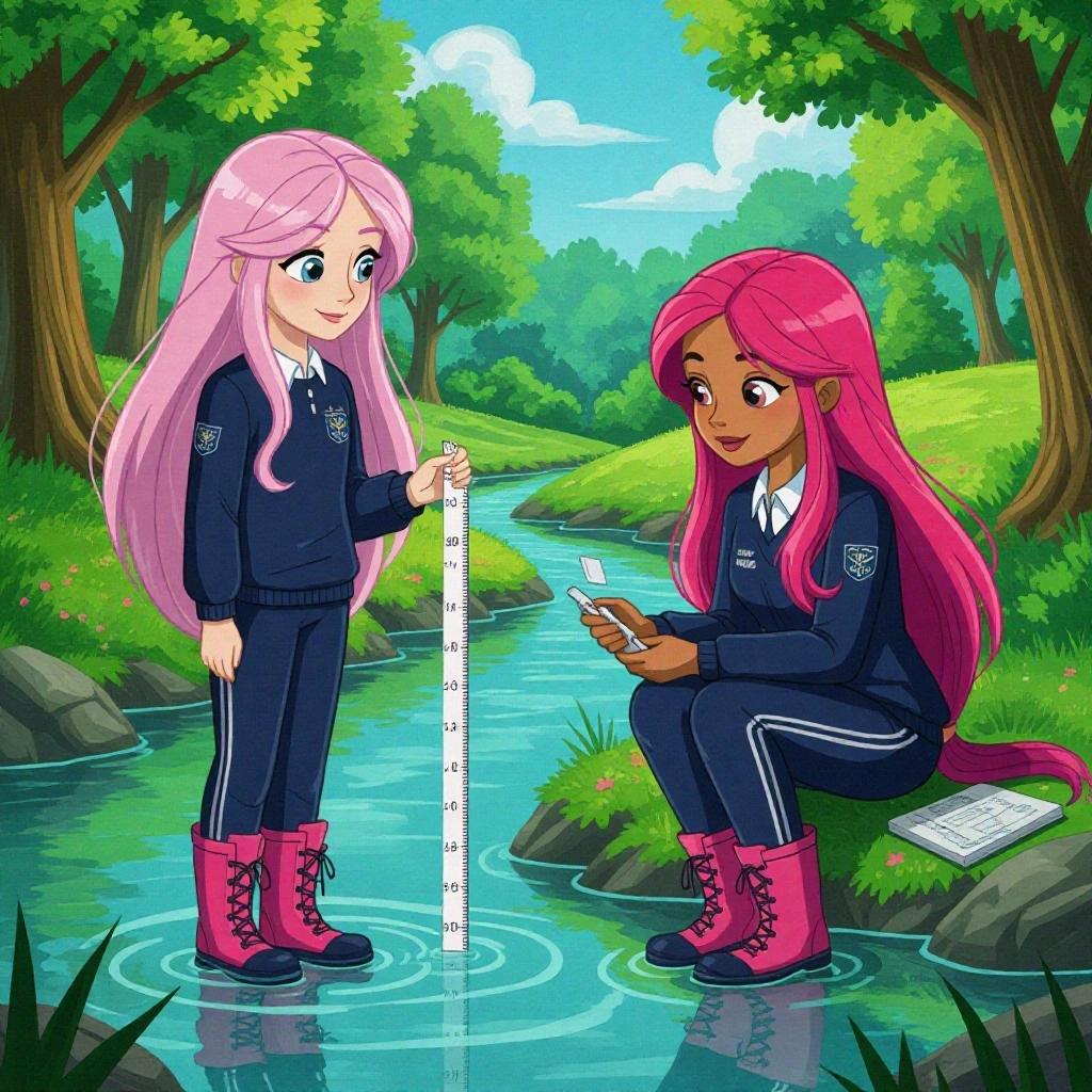 A human girl with long pink hair. Visiting a river during a geography field trip. Measuring the width and depth of water using a ruler. Wearing navy-blue school track attire and pink wellies. Another girl sitting nearby, using a device. Bright and colorful nature setting.