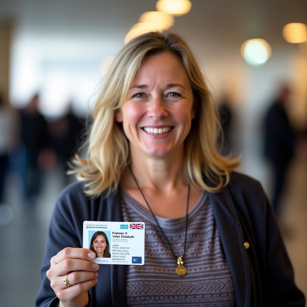 Middle-aged woman holds a British ID card. The ID card displays the name Feltham Violet Elizabeth. She is in an indoor setting with people in the background.