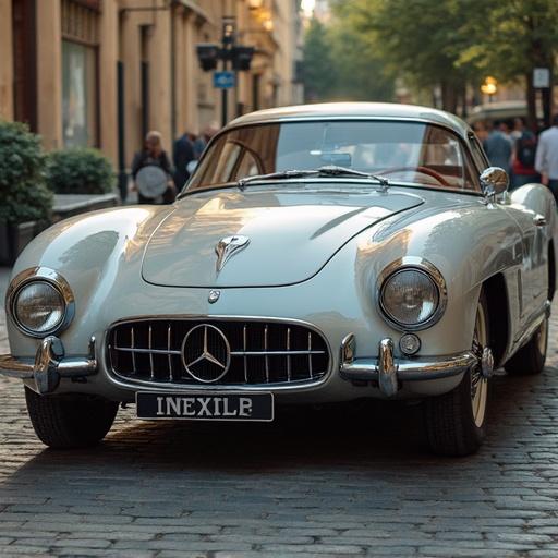 Picture of a vintage car parked on a street with people in the background. The car has a sleek design with chrome details and a classy look. It appears to be in excellent condition, showcasing its timeless appeal.